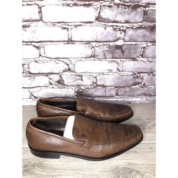 Boss Hugo Boss Brown Leather Square Toe Dress Loafers Shoes Men’s Sz 11M US/44EU - Picture 9 of 16
